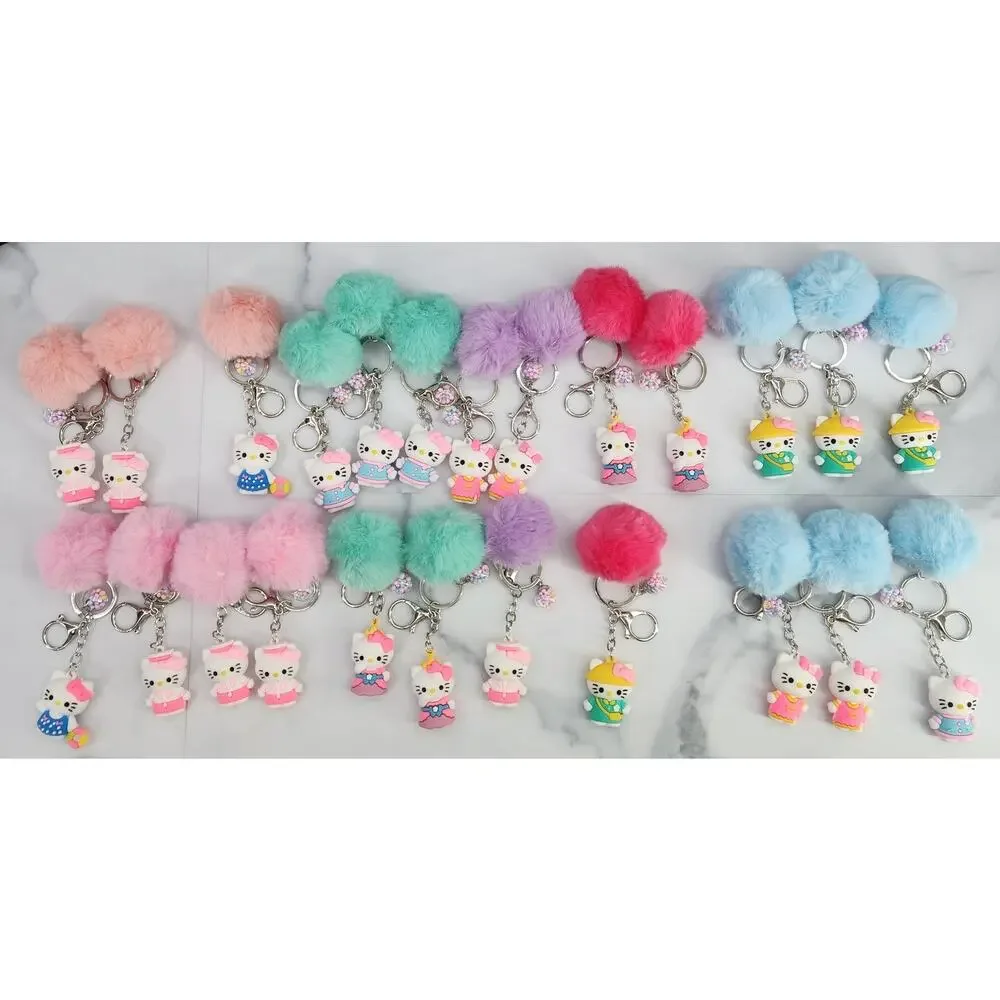 Hello Kitty 3D Figure Keychain, puff ball & mini bead filled bubble Blue & Peach